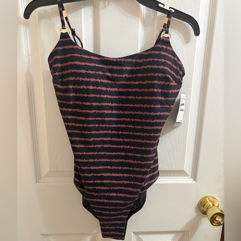 Striped Black and Rust One-Piece Swimsuit with Ring Accents